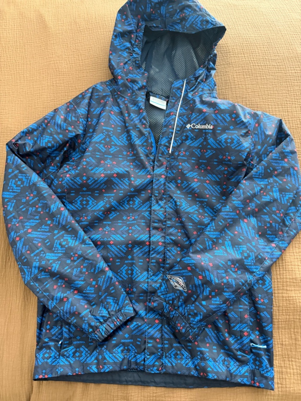 Columbia Kids' “Pouration”Navy & Red Geometric Hooded Raincoat/Windbreaker
